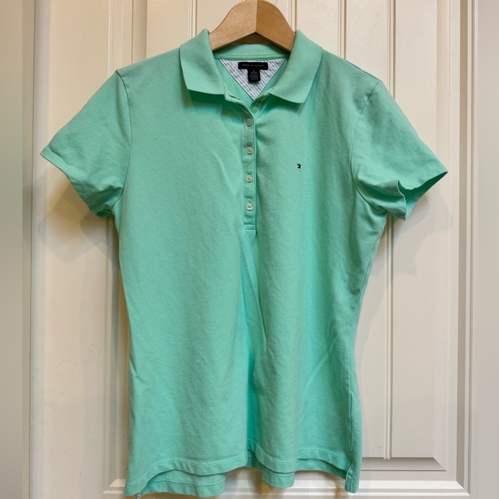 Tommy Hilfiger Mint Green Short Slim Fit Sleeve Mesh Cotton Polo Shirt. Size XL